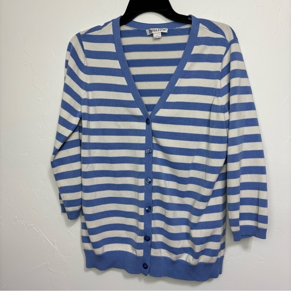 Pendleton Women's Striped Blue White Cardigan Sweater Large 3/4 Sleeve Cotton Bl